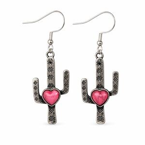 Hand Crafted Pink and Silver Cactus Western Earrings